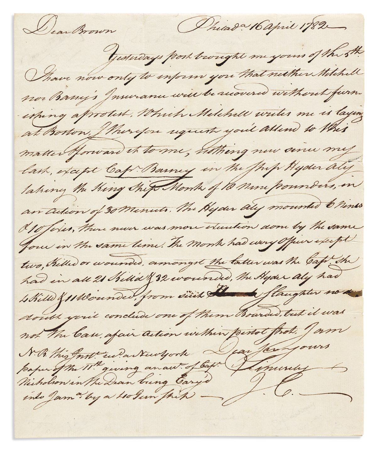 (AMERICAN REVOLUTION--1782.) James Crawford. Letter describing the dramatic naval Battle of Delaware Bay.
